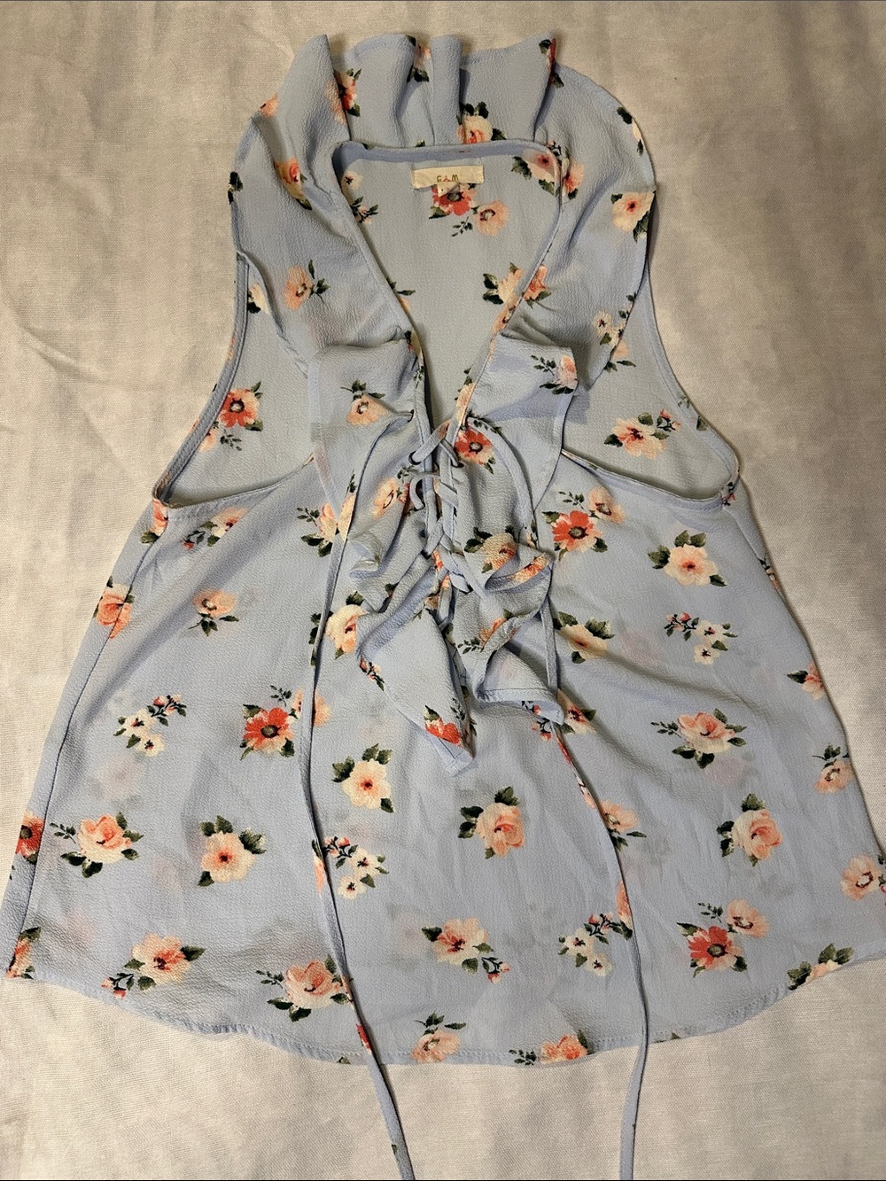 CAbi Light Blue Floral Lace-Up Ruffle Camisole